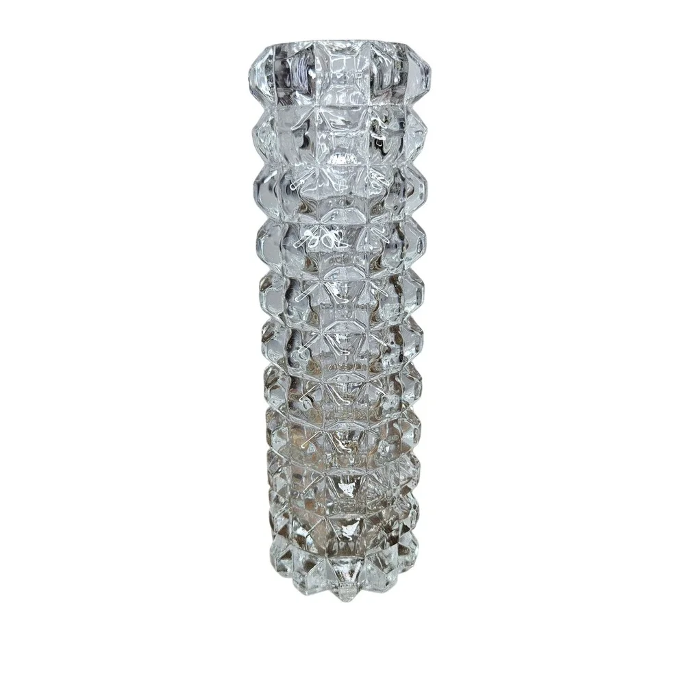 Vintage Clear Pressed Glass Geometric Bud Vase 7 Inch‎ Mid Century Modern